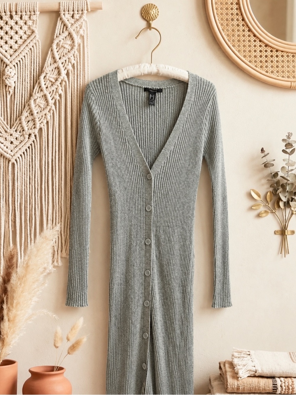 NWT Forever 21 Longline Ribbed Button-Front Cardigan/Dress - Gray